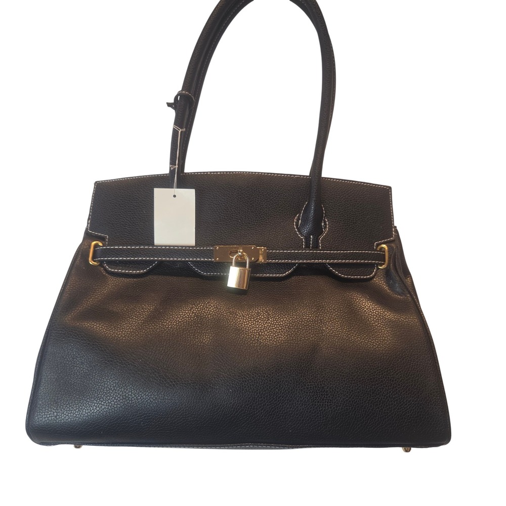 Satchel Bag Women Large Black Pebbled Gold Hardware Lock Key Classic NWOT